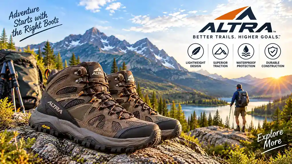 Pair of altra hiking boots with a wide toe box on a dry dirt trail