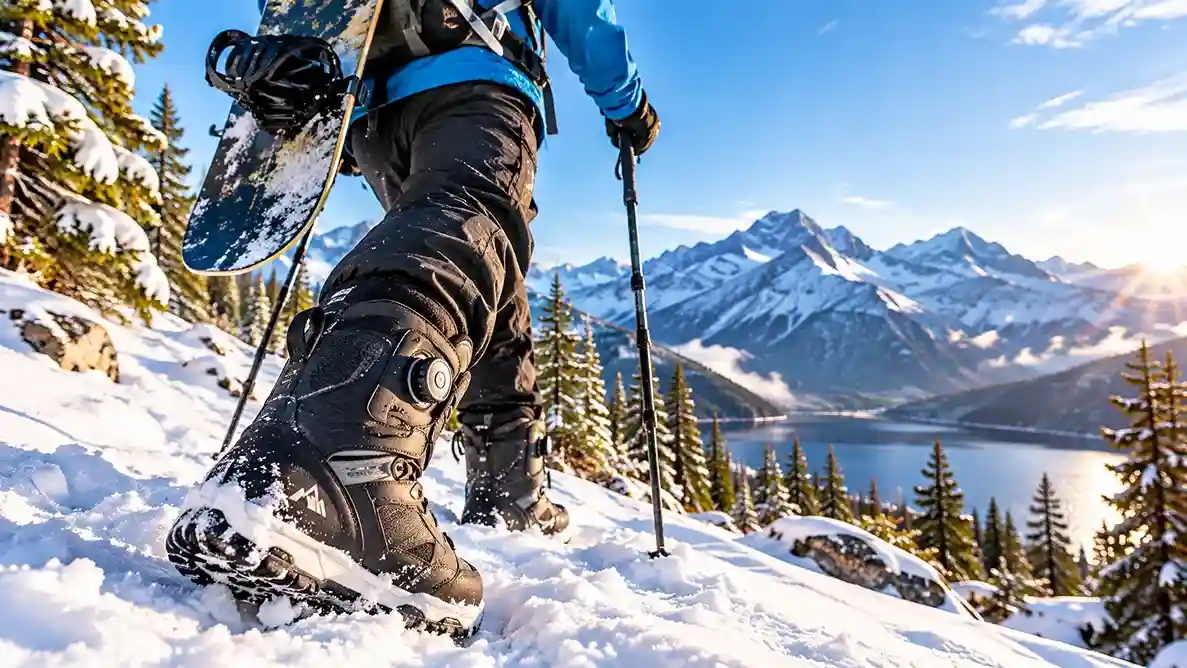 Snowboarder hiking up a snowy slope in snowboard boots with a board strapped to a pack