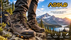 Pair of asolo hiking boots on a rocky trail beside a hiking backpack