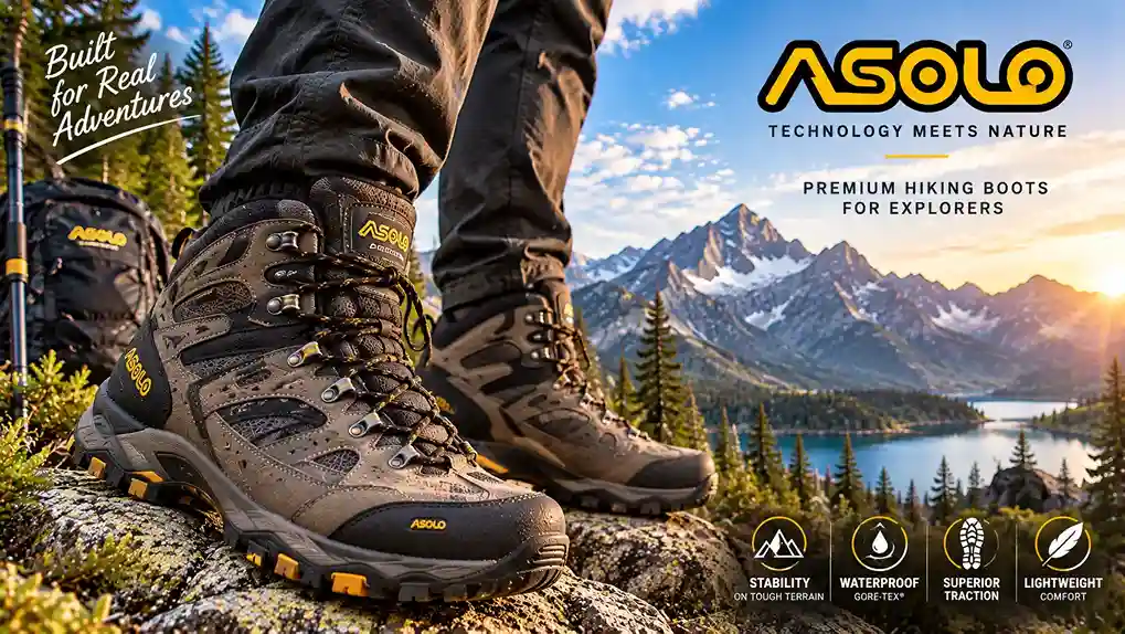 Pair of asolo hiking boots on a rocky trail beside a hiking backpack
