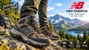 Pair of new balance hiking boots on a rocky trail beside a daypack