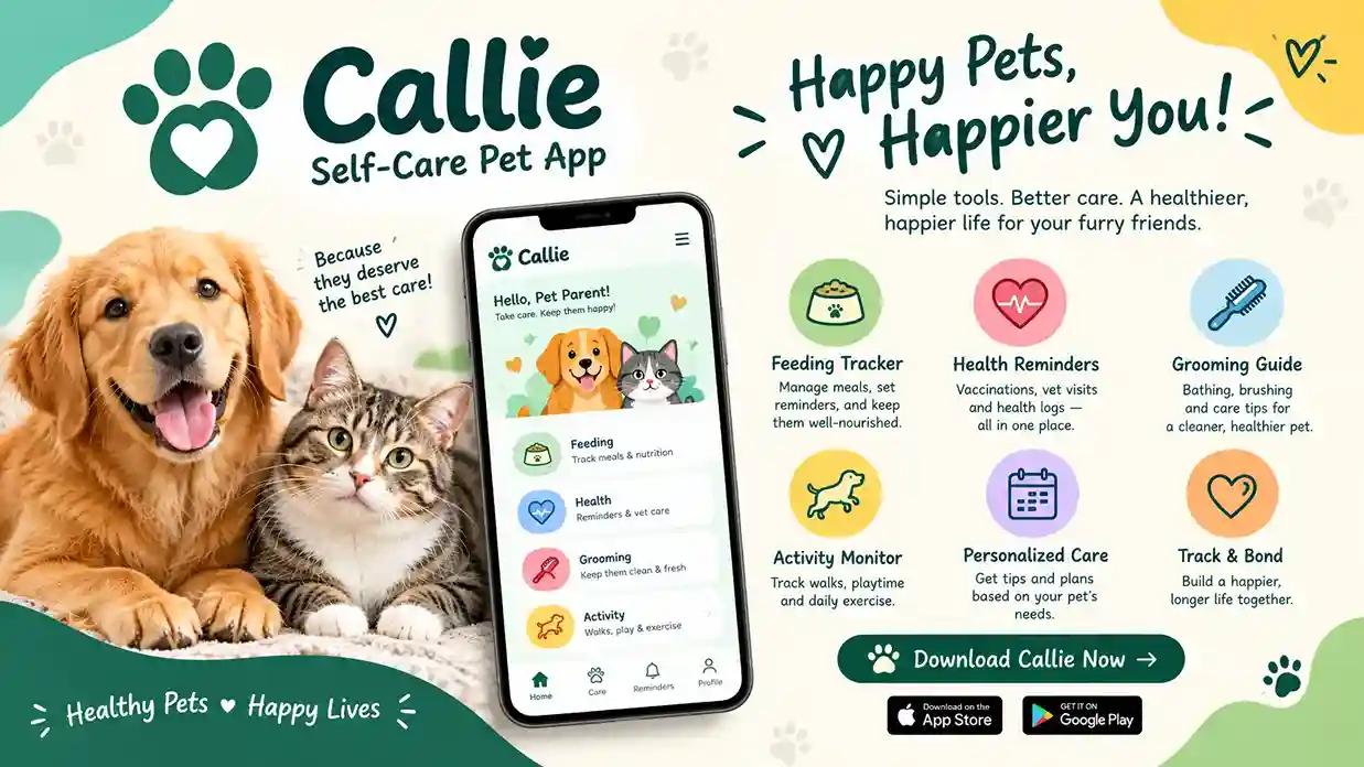Phone showing the callie self-care pet app with a virtual cat next to a journal and water bottle