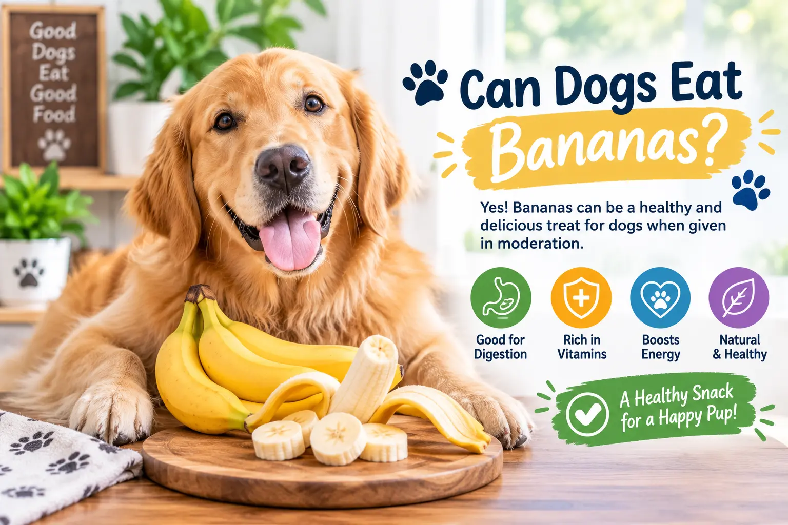 Can dogs eat bananas? A happy dog waiting for a peeled banana slice