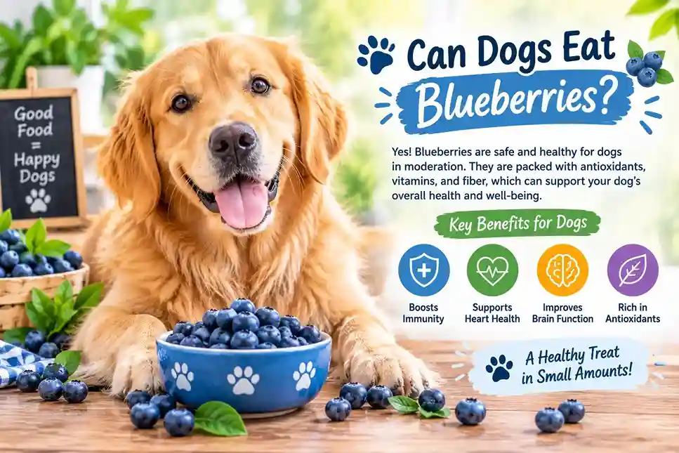 Can dogs eat blueberries? A happy dog sniffing a bowl of fresh blueberries