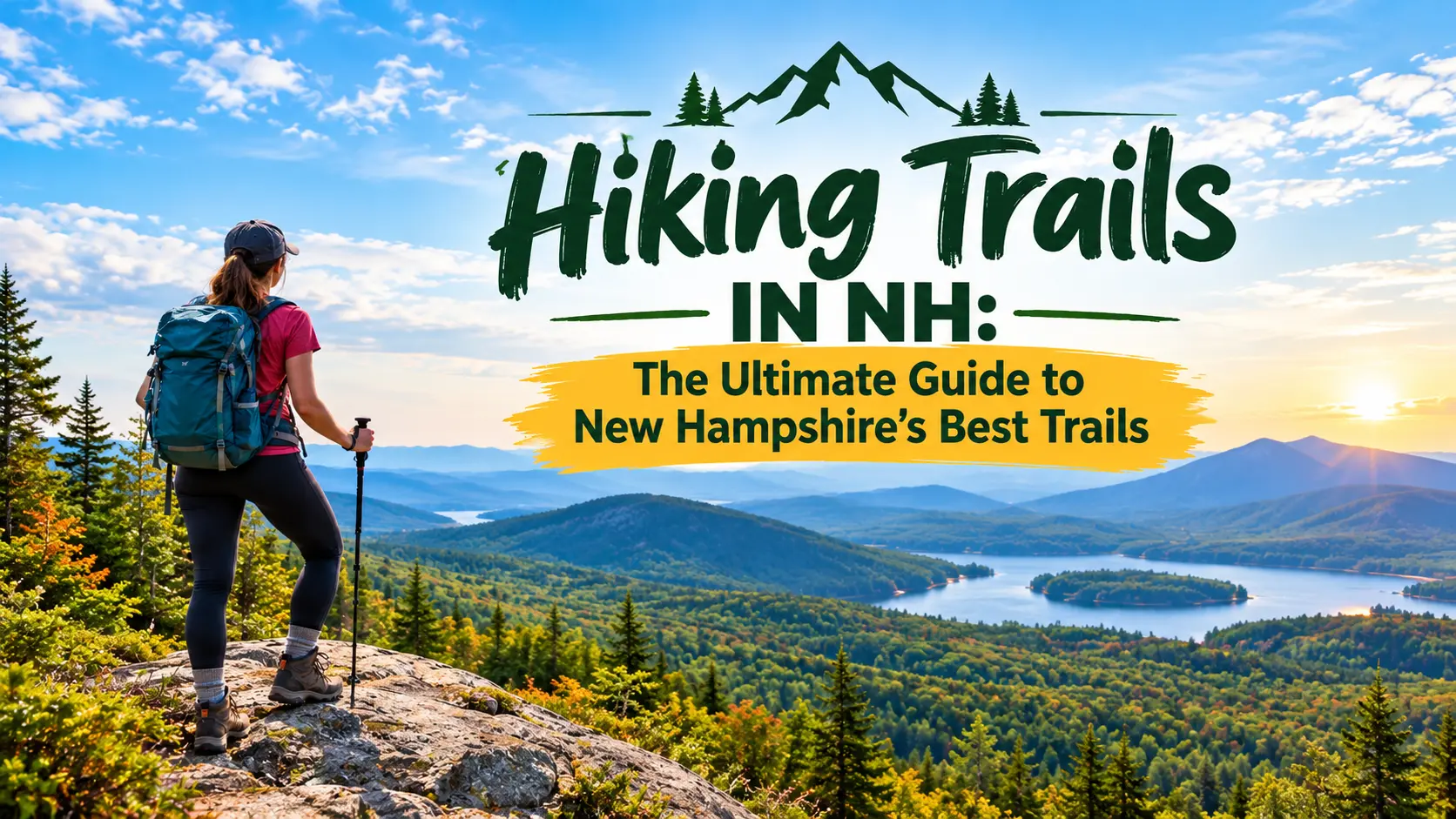 Hiking trails in NH: hiker on an open ridge in the White Mountains