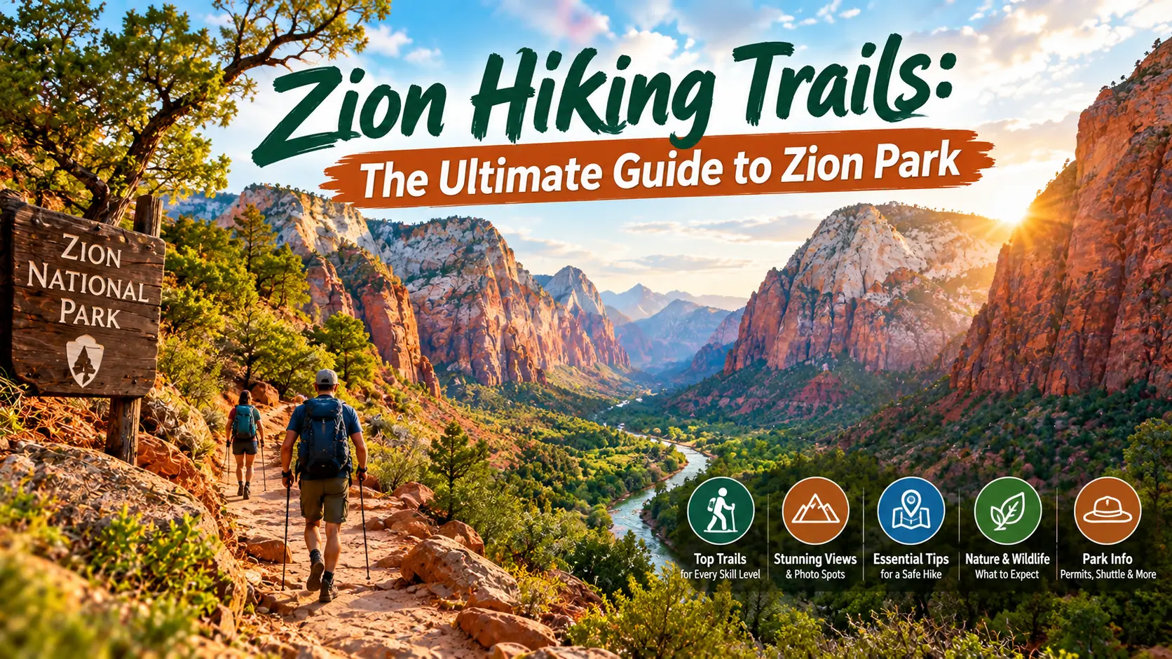 Zion hiking trails: hikers walking along the Virgin River in Zion Canyon