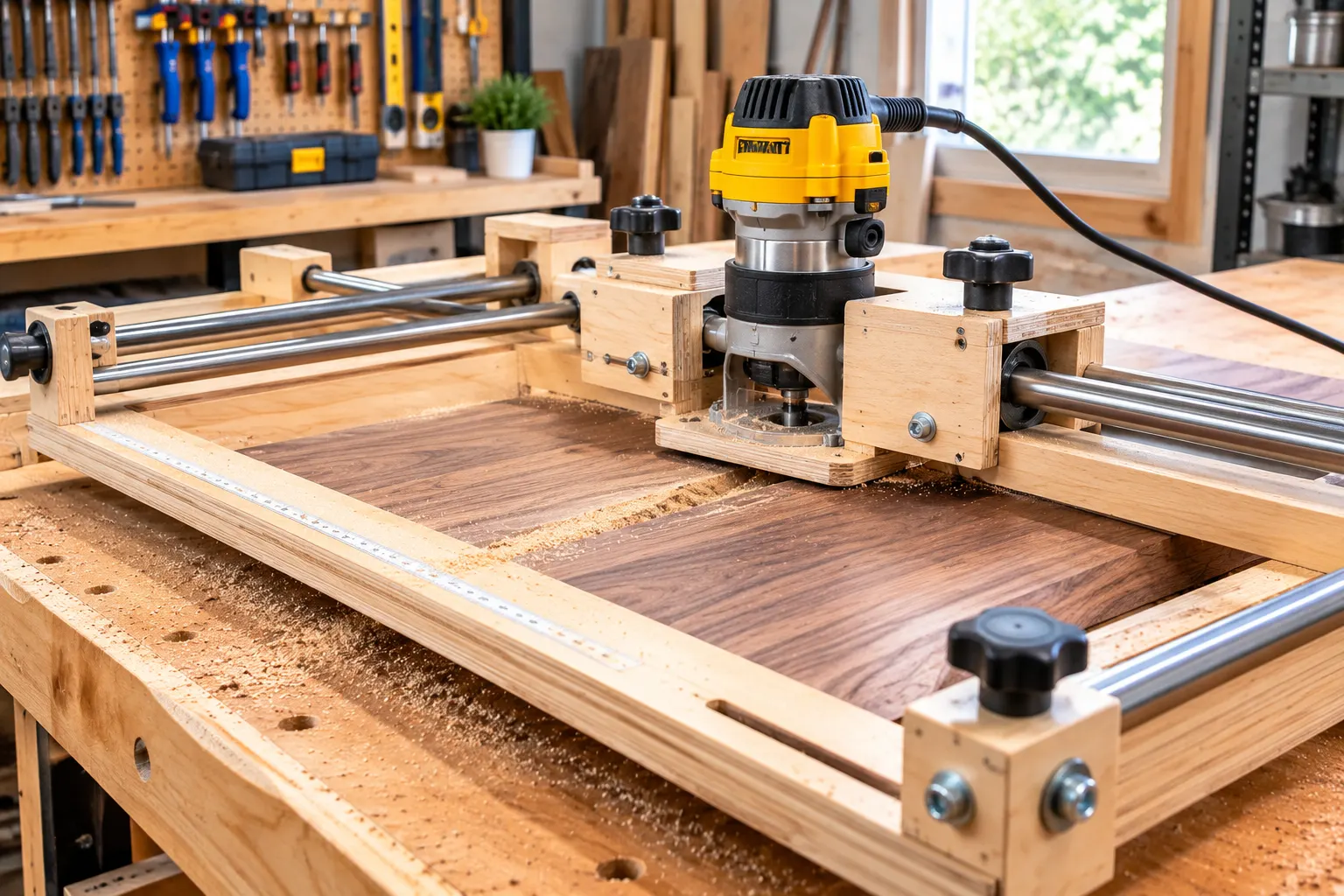 Router sled with a plunge router flattening a live-edge wood slab