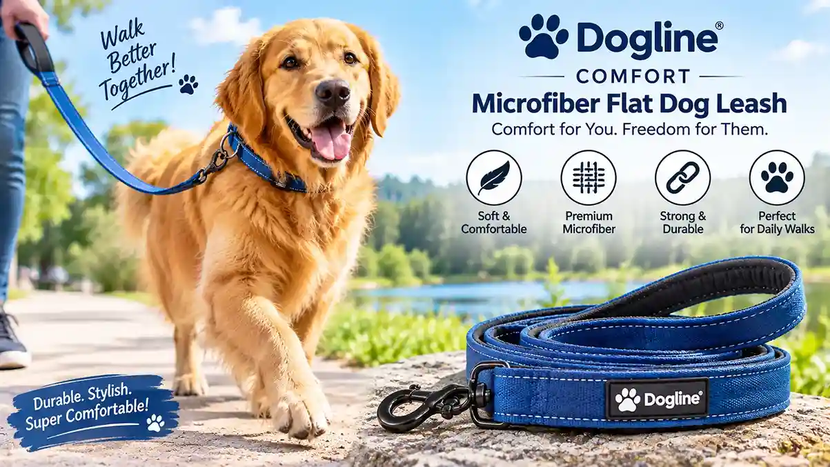 Dog walking on a trail with a Dogline comfort microfiber flat dog leash