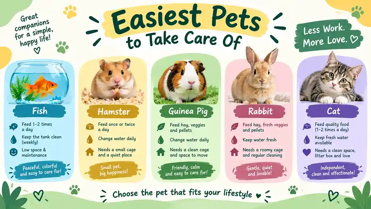 Betta fish, leopard gecko, and cat representing the easiest pets to take care of