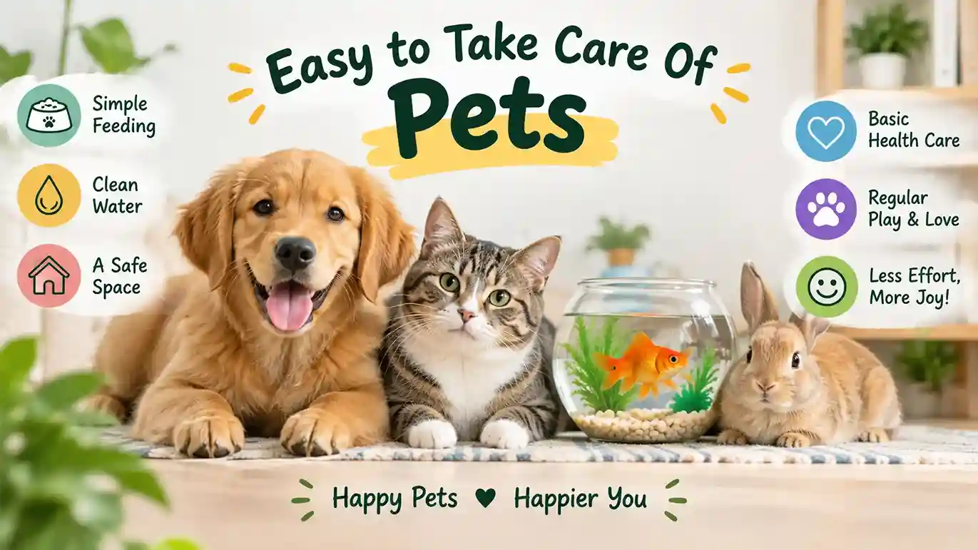 Cat, guinea pig, and betta fish showing easy to take care of pets for beginners