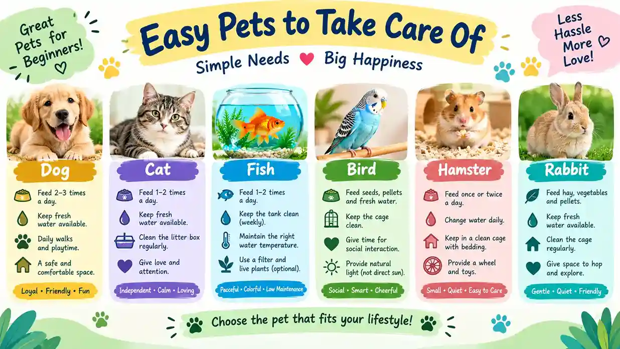 Cat, betta fish, and leopard gecko shown as easy pets to take care of for beginners