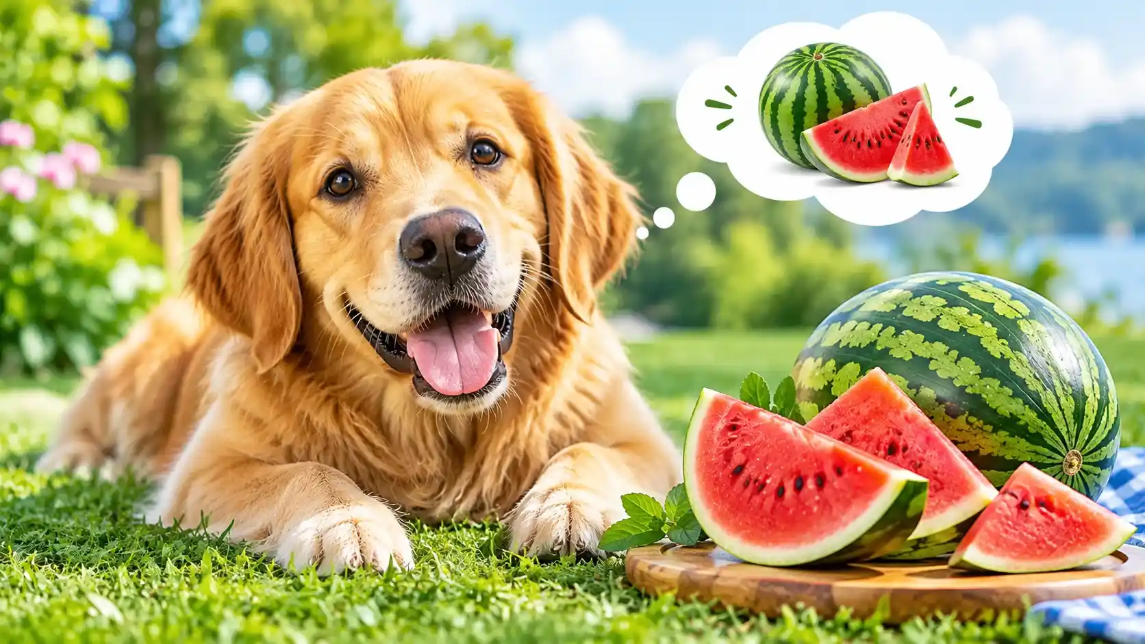 Golden retriever enjoying seedless cubes of watermelon, showing that dogs can eat watermelon safely