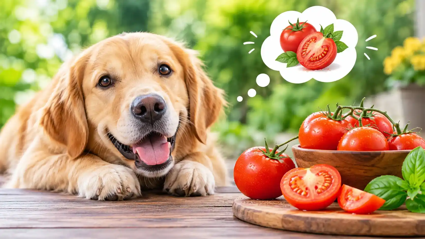 Golden retriever sniffing a bowl of sliced ripe red tomatoes, showing can dogs eat tomatoes safely