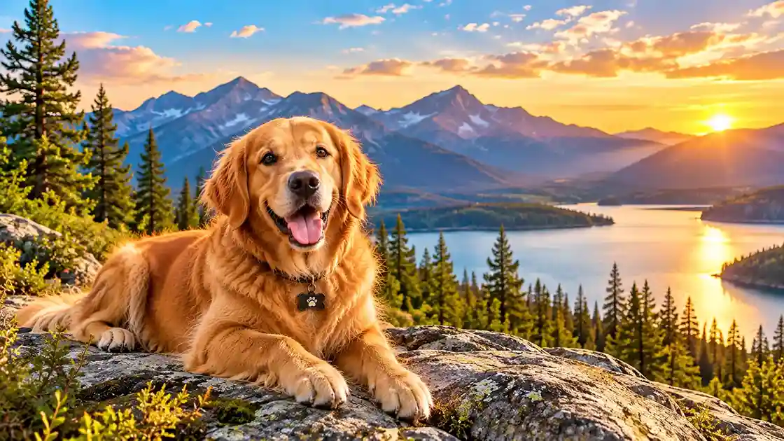 Golden retriever on a mountain trail used as a dog wallpaper on a phone screen