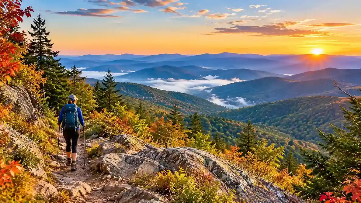 Hiking trails in the Blue Ridge Mountains: hiker on a rocky overlook above layered blue ridgelines