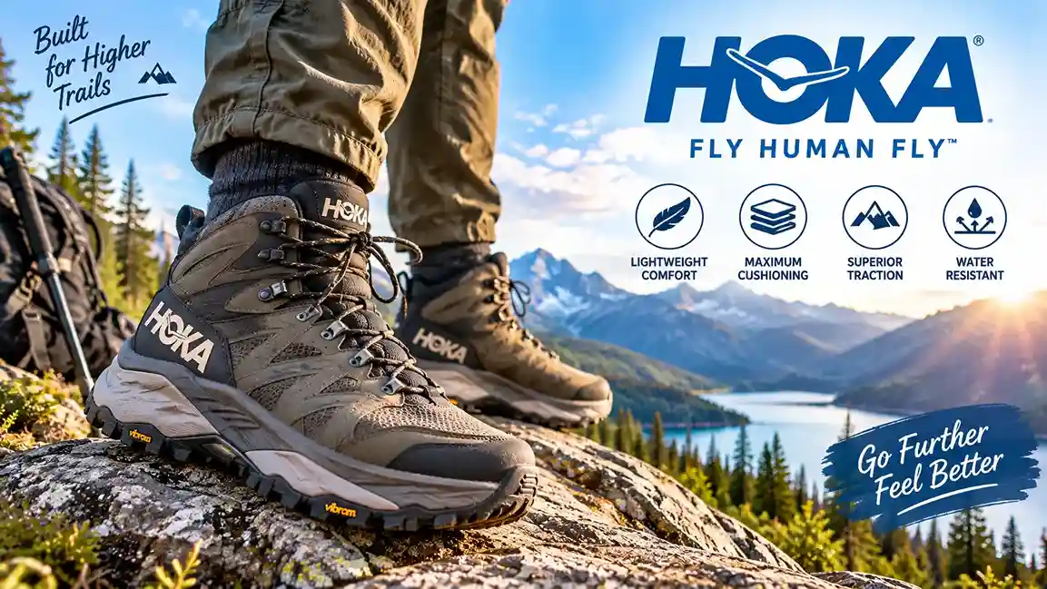 Pair of hoka hiking boots on a rocky trail with a hiker’s backpack nearby