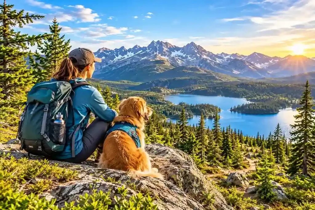 Hiker and Dog Overlooking Alpine Lakes