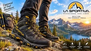 Pair of la sportiva hiking boots on a rocky mountain trail beside a hiking pack