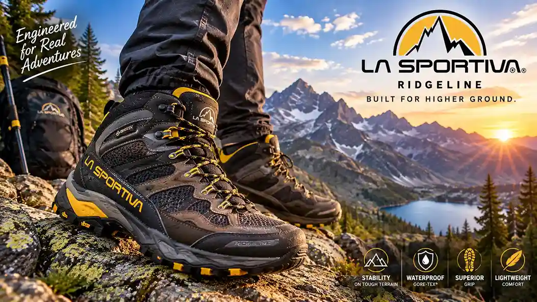Pair of hiking boots La Sportiva Ridgeline boots in black leather on a rocky trail