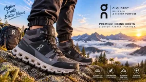 Pair of on cloud hiking boots on a forest trail beside a daypack