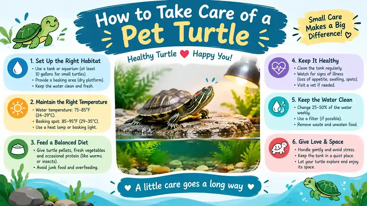 Pet turtle basking on a dock in a clean, filtered tank, showing how to take care of a pet turtle
