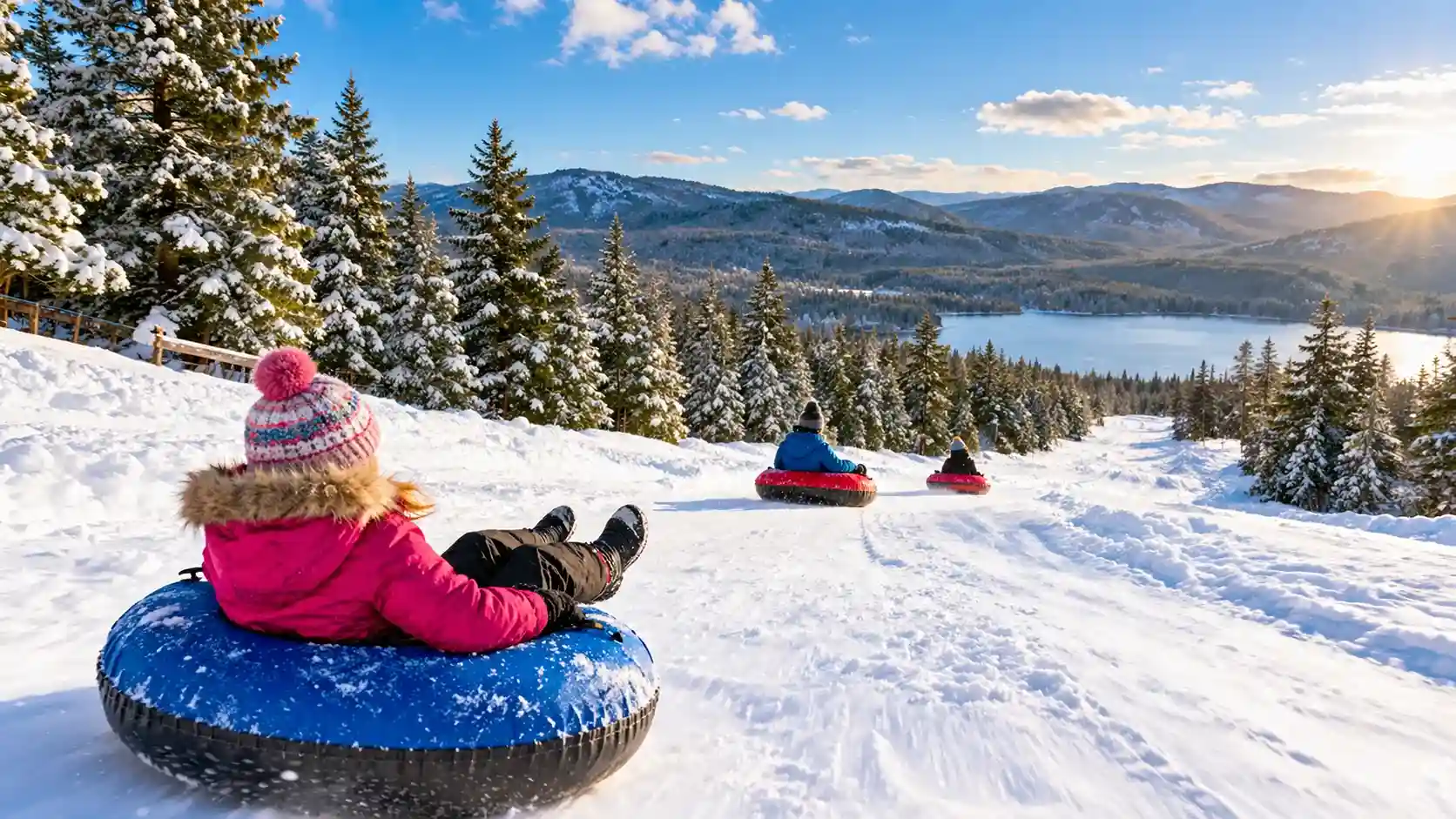 Poconos tube sledding: family on snow tubes sliding down a lit lane at night