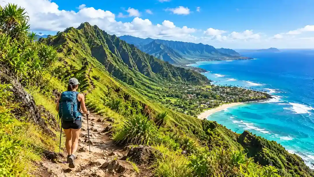 Oahu hiking trails: hikers on the Diamond Head summit trail overlooking Waikiki and the Pacific