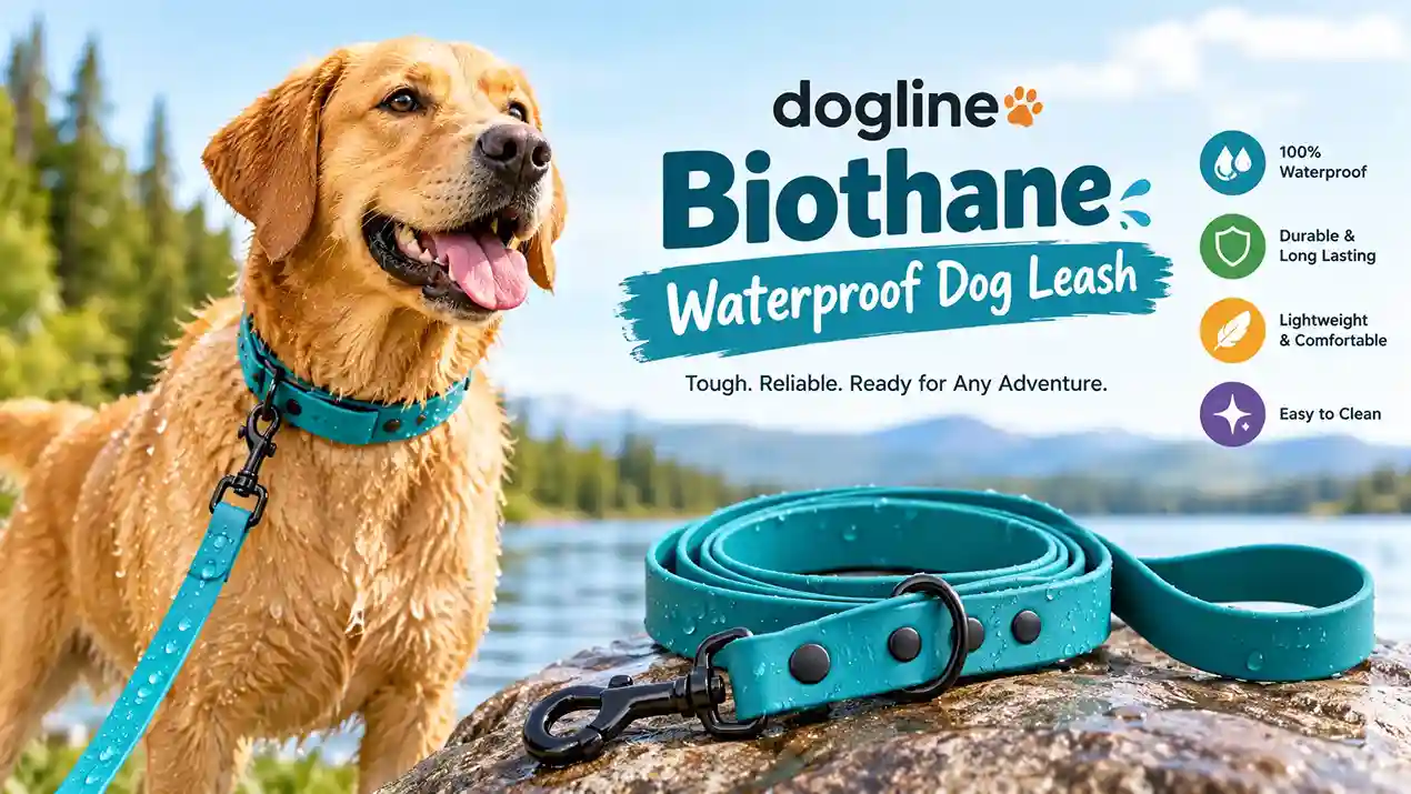 Hiker walking a dog on a muddy trail with a Dogline biothane waterproof dog leash