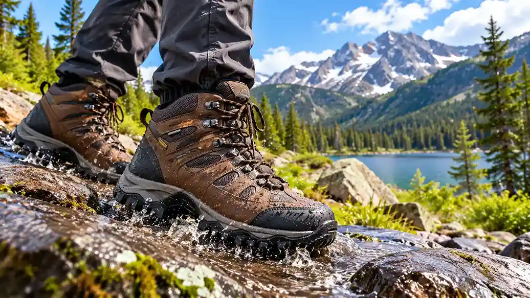 Hiker wearing hiking boots waterproof while crossing a shallow, muddy trail stream