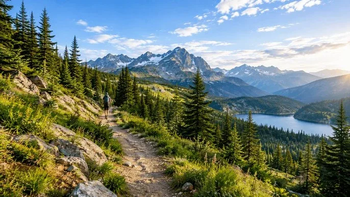 Hiker walking along scenic hiking trails through a forest at sunrise